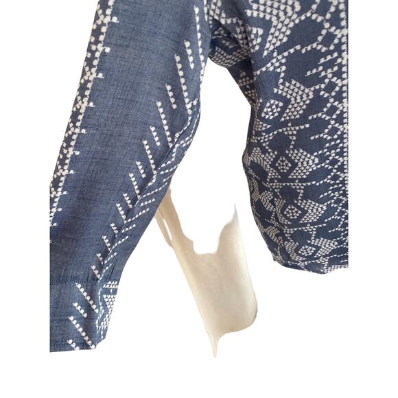 FRED DAVID BLUE AND WHITE GEO PRINT V/NECK PULLOVER TUNIC BLOUSE Sz -M - Picture 5 of 9